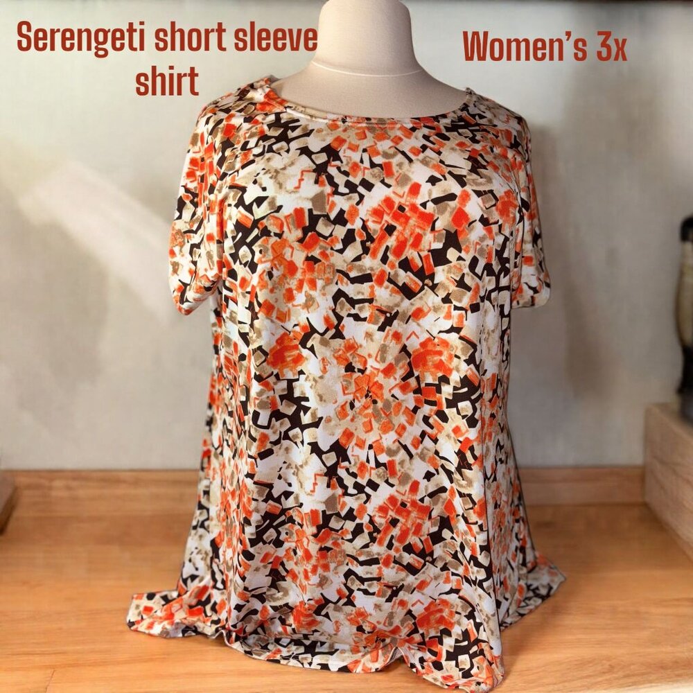 Serengeti Womens 3X Short-Sleeve Multi-Print Silk Shirt In Orange Brown & Beige